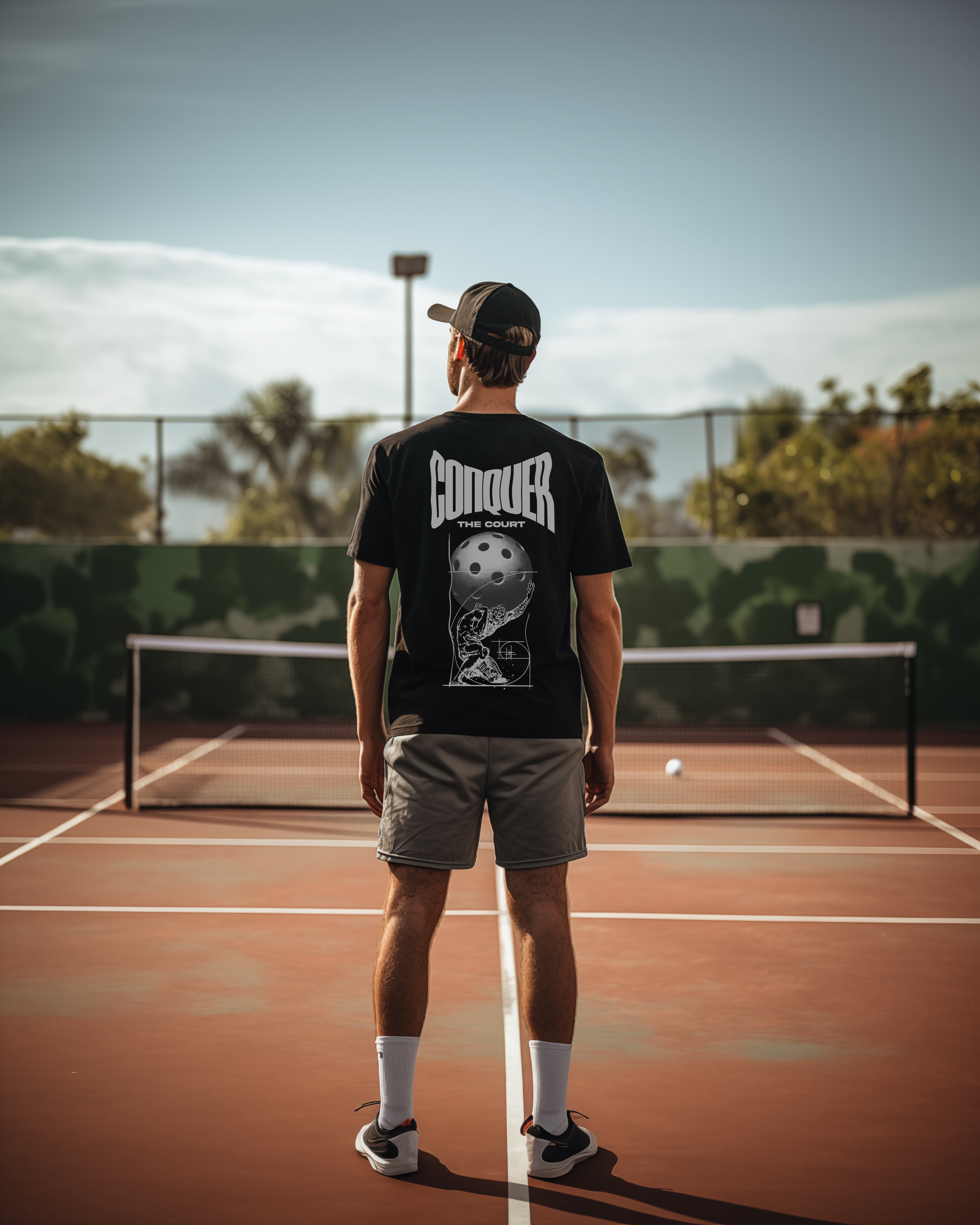 Man standing at a pickleball court with street wear 